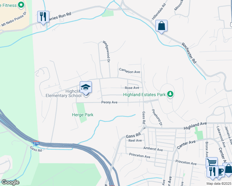 map of restaurants, bars, coffee shops, grocery stores, and more near 126 Lilac Avenue in Pittsburgh