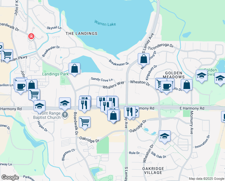 map of restaurants, bars, coffee shops, grocery stores, and more near 4548 Seaway Cir in Fort Collins