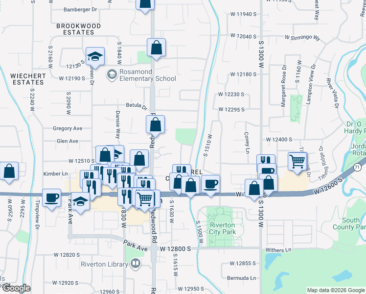 map of restaurants, bars, coffee shops, grocery stores, and more near 12433 Riverton Drive in Riverton