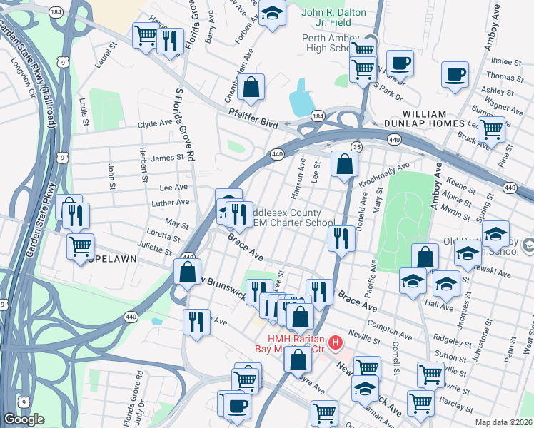 map of restaurants, bars, coffee shops, grocery stores, and more near 648 Colgate Avenue in Perth Amboy