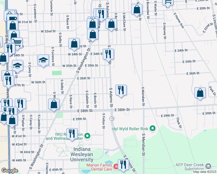 map of restaurants, bars, coffee shops, grocery stores, and more near 3619 South Felton Street in Marion
