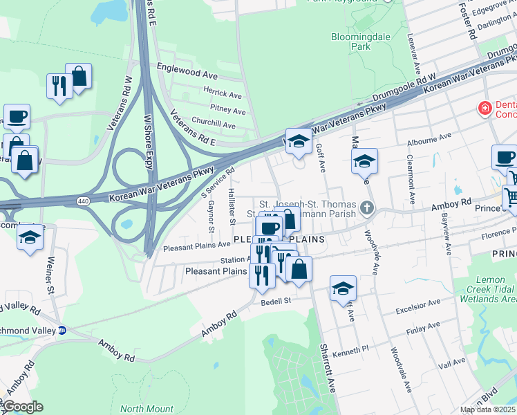 map of restaurants, bars, coffee shops, grocery stores, and more near 135 Dunham Street in Staten Island