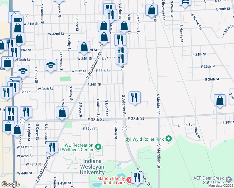 map of restaurants, bars, coffee shops, grocery stores, and more near 3619 South Felton Street in Marion