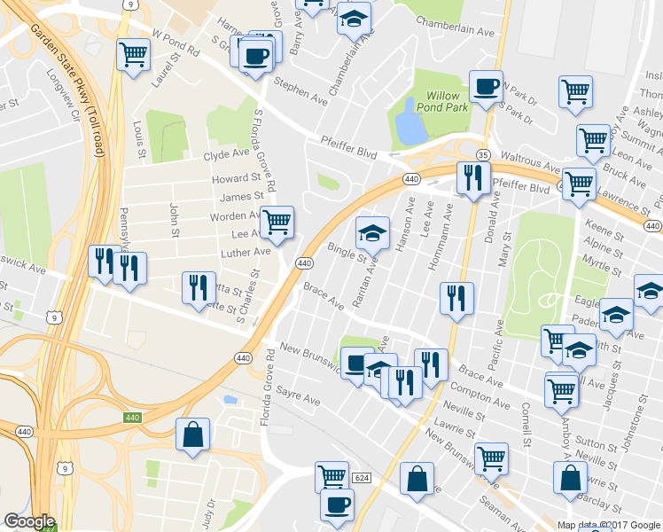map of restaurants, bars, coffee shops, grocery stores, and more near 637 Carlock Avenue in Perth Amboy