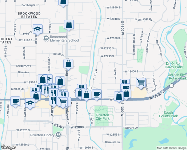 map of restaurants, bars, coffee shops, grocery stores, and more near 12426 South 1510 West in Riverton