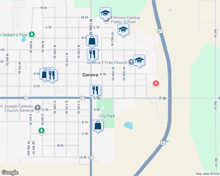 map of restaurants, bars, coffee shops, grocery stores, and more near 1437 G Street in Geneva