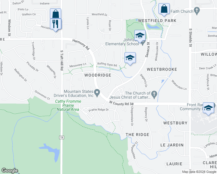 map of restaurants, bars, coffee shops, grocery stores, and more near 1742 Overlook Drive in Fort Collins