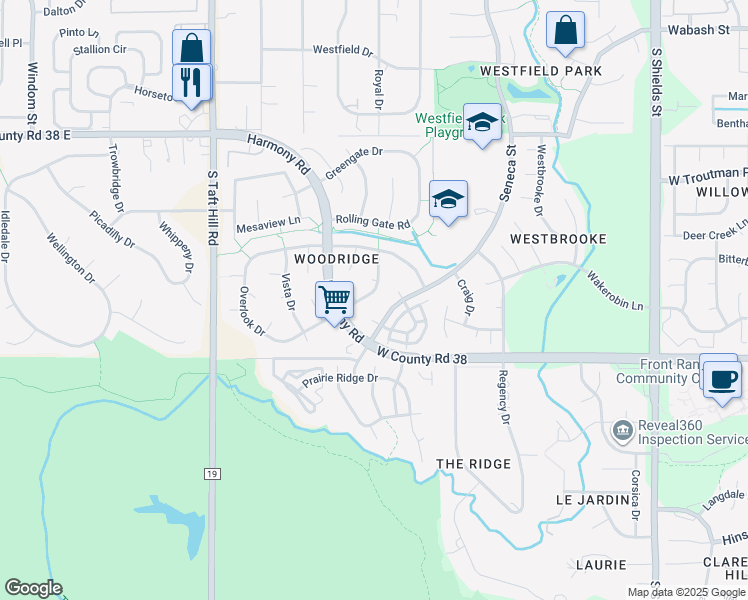 map of restaurants, bars, coffee shops, grocery stores, and more near 1742 Overlook Drive in Fort Collins