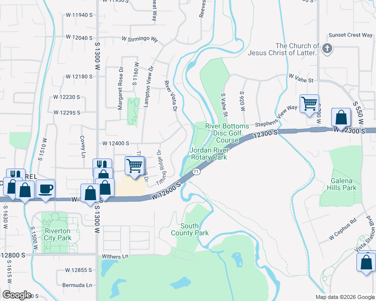 map of restaurants, bars, coffee shops, grocery stores, and more near 12452 Tithing Hill Drive in Riverton