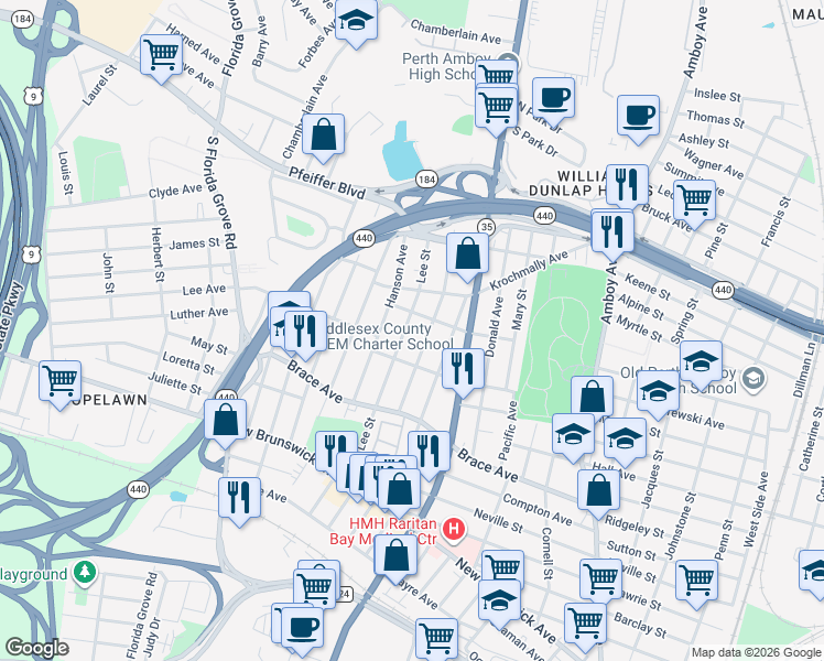 map of restaurants, bars, coffee shops, grocery stores, and more near 696 Lee Street in Perth Amboy
