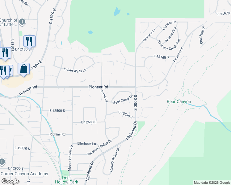 map of restaurants, bars, coffee shops, grocery stores, and more near 12369 Course View Lane in Draper