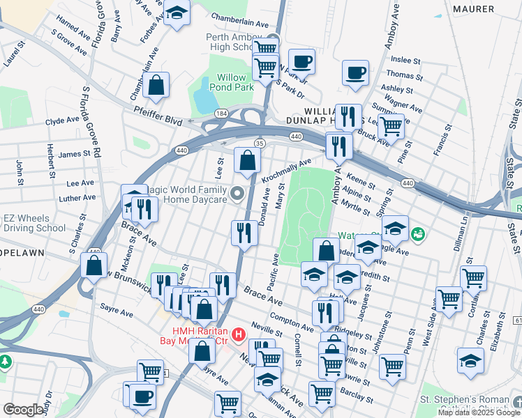 map of restaurants, bars, coffee shops, grocery stores, and more near 717 Donald Avenue in Perth Amboy