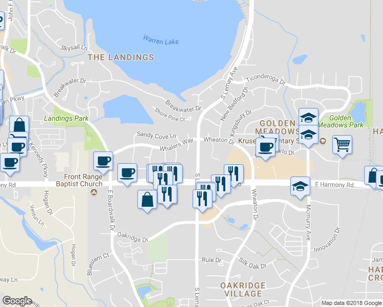 map of restaurants, bars, coffee shops, grocery stores, and more near 4530 Bluefin Court in Fort Collins
