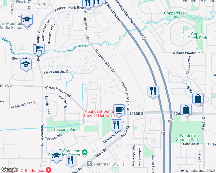 map of restaurants, bars, coffee shops, grocery stores, and more near 5152 West Tessitura Way in Herriman