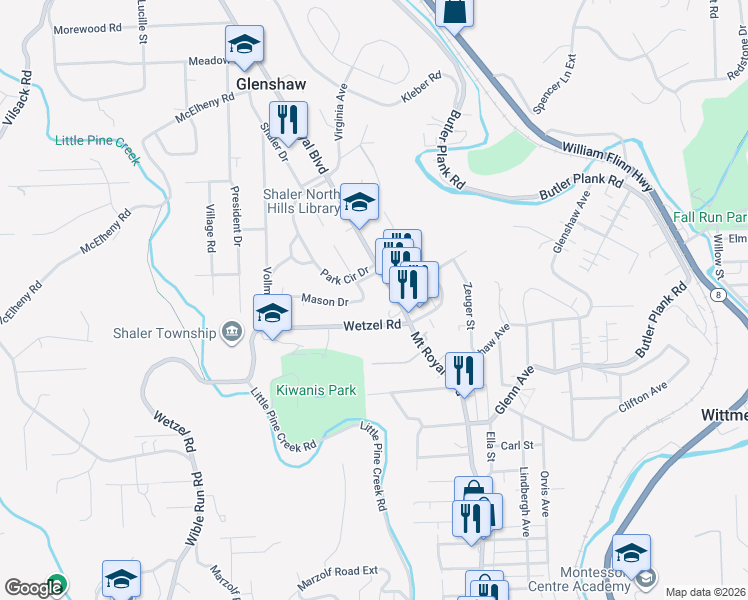 map of restaurants, bars, coffee shops, grocery stores, and more near 103 Mason Drive in Glenshaw