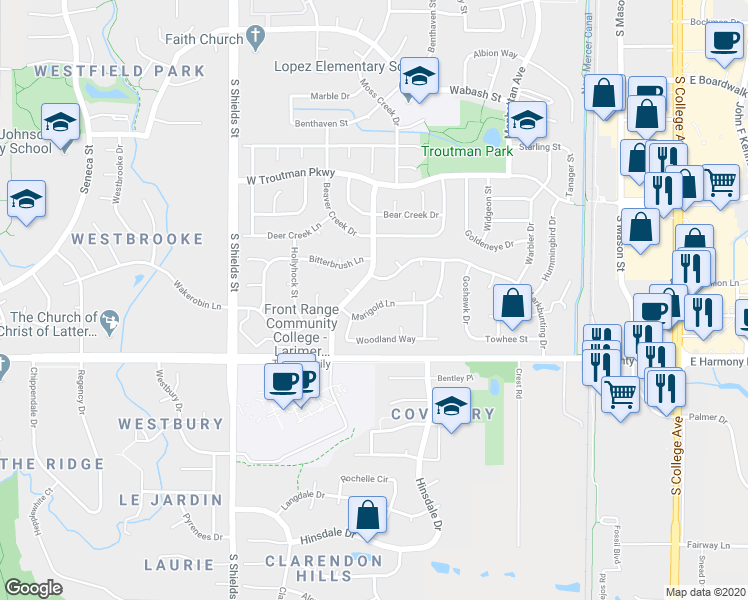 map of restaurants, bars, coffee shops, grocery stores, and more near 736 Marigold Lane in Fort Collins