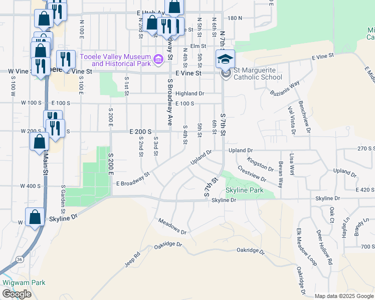 map of restaurants, bars, coffee shops, grocery stores, and more near 398 South 4th Street in Tooele