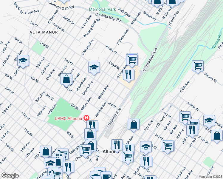map of restaurants, bars, coffee shops, grocery stores, and more near 1414 2nd Street in Altoona