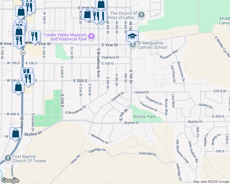 map of restaurants, bars, coffee shops, grocery stores, and more near 266 South 5th Street in Tooele