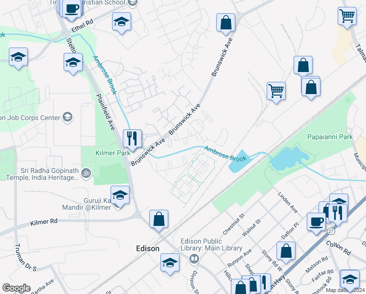 map of restaurants, bars, coffee shops, grocery stores, and more near 226 Forest Drive in Edison