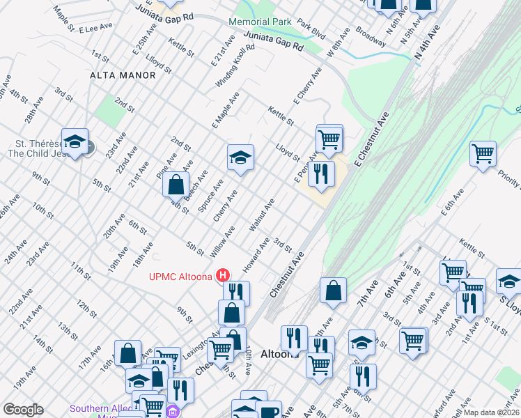 map of restaurants, bars, coffee shops, grocery stores, and more near 208-10 Walnut Ave in Altoona