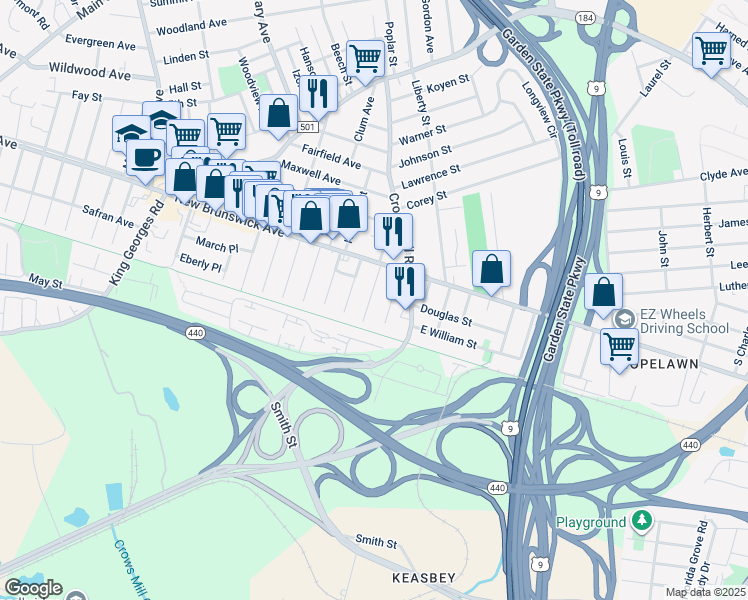 map of restaurants, bars, coffee shops, grocery stores, and more near 20 South Louis Street in Woodbridge Township