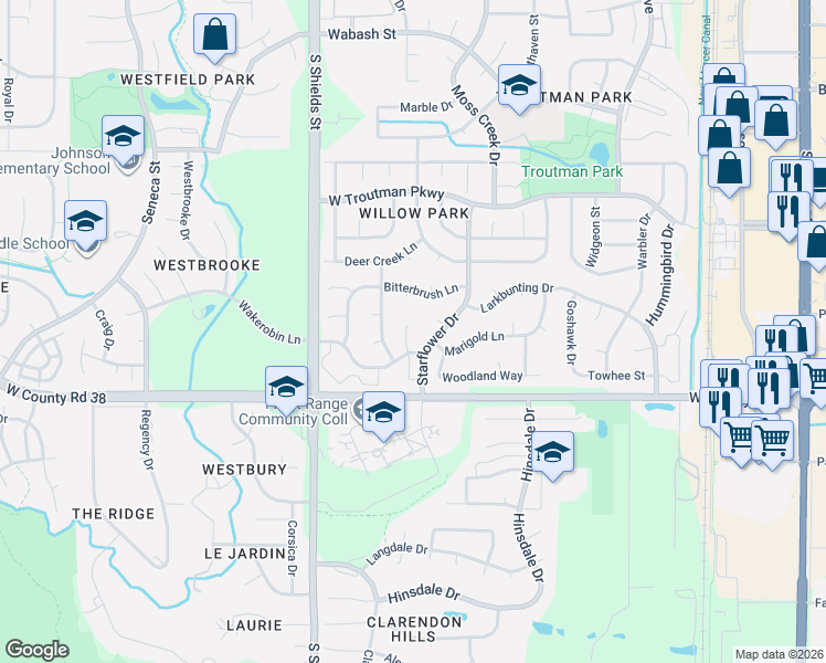map of restaurants, bars, coffee shops, grocery stores, and more near 4425 Rosecrown Court in Fort Collins