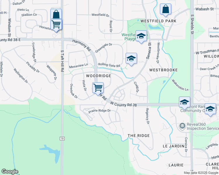 map of restaurants, bars, coffee shops, grocery stores, and more near 1742 Overlook Drive in Fort Collins