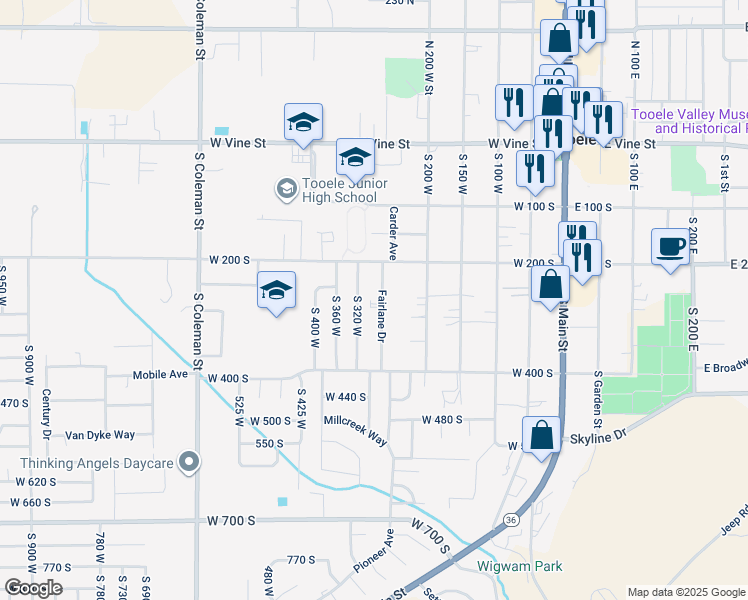 map of restaurants, bars, coffee shops, grocery stores, and more near 290 Fairlane Drive in Tooele