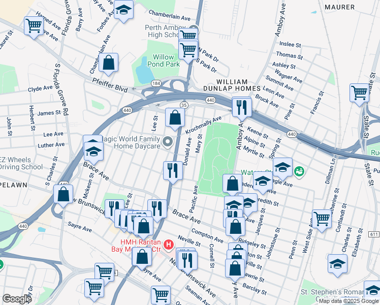 map of restaurants, bars, coffee shops, grocery stores, and more near 717 Donald Avenue in Perth Amboy