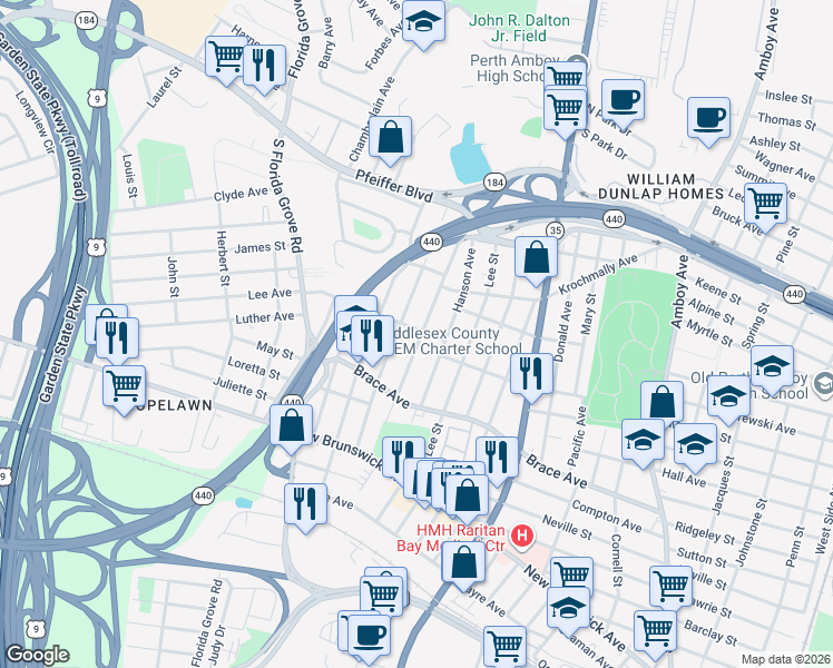 map of restaurants, bars, coffee shops, grocery stores, and more near 648 Colgate Avenue in Perth Amboy