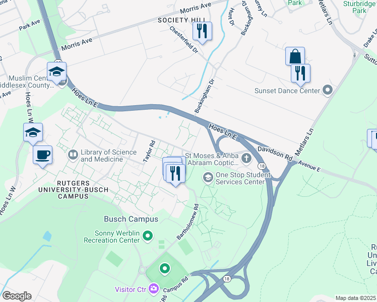 map of restaurants, bars, coffee shops, grocery stores, and more near 86 Davidson Road in Piscataway