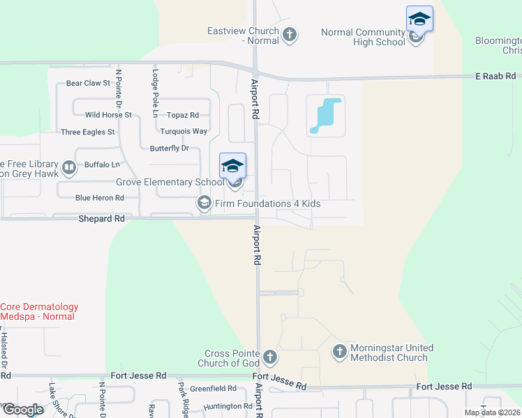 map of restaurants, bars, coffee shops, grocery stores, and more near 1002 Airport Road in Normal