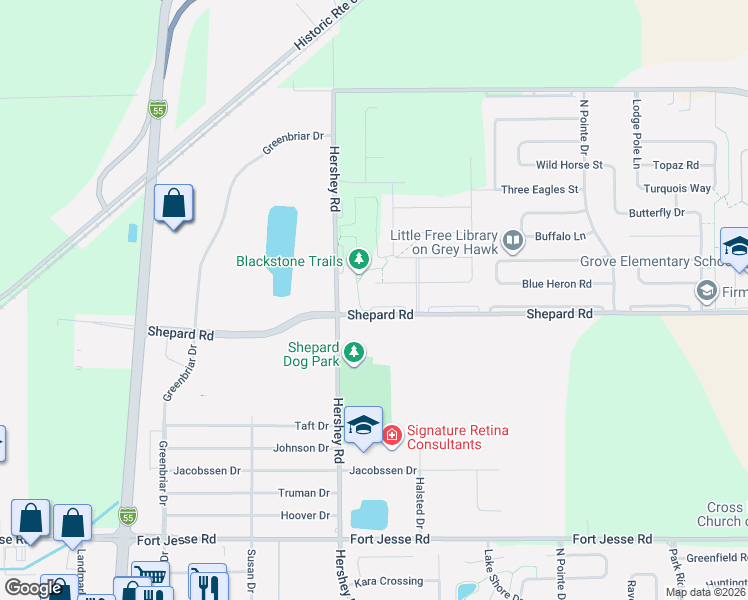map of restaurants, bars, coffee shops, grocery stores, and more near 2412 Shepard Road in Normal