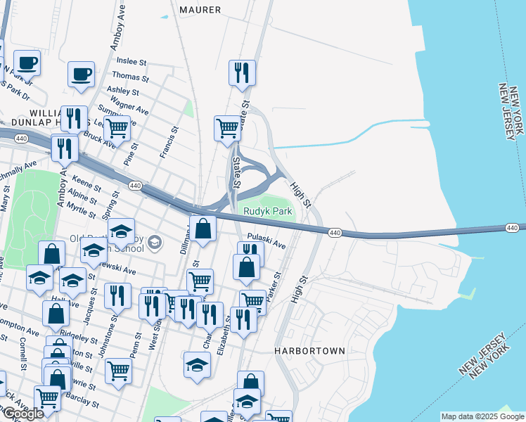 map of restaurants, bars, coffee shops, grocery stores, and more near 500 Valley Place in Perth Amboy