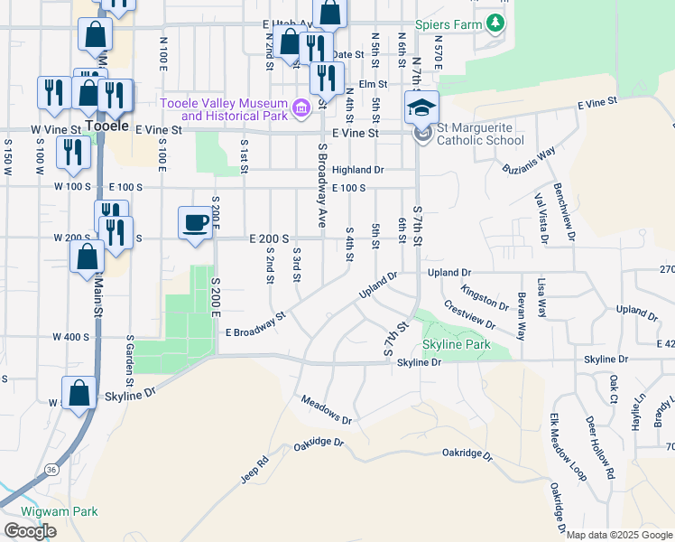 map of restaurants, bars, coffee shops, grocery stores, and more near 381 South 4th Street in Tooele