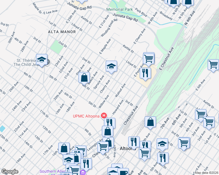 map of restaurants, bars, coffee shops, grocery stores, and more near 1528 3rd Street in Altoona