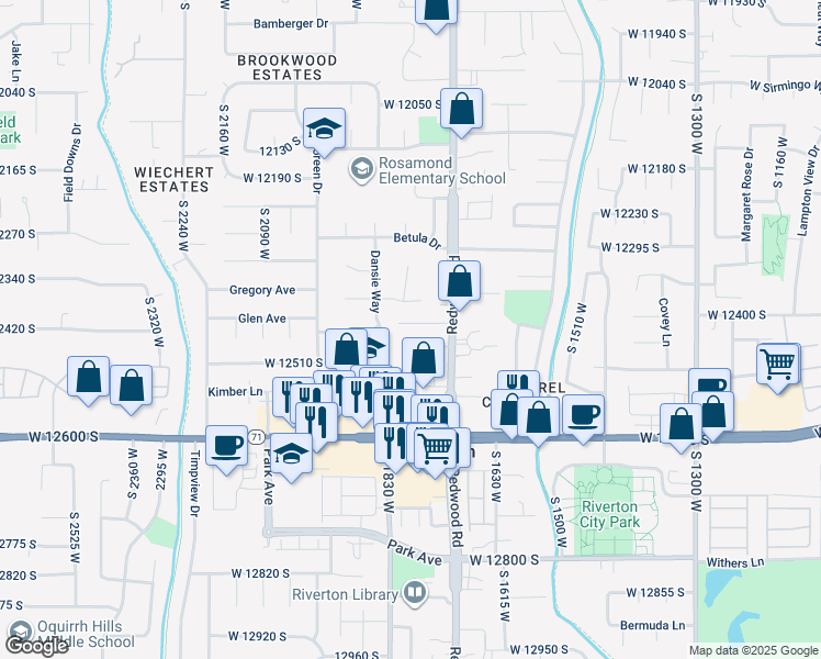 map of restaurants, bars, coffee shops, grocery stores, and more near 1735 West 12410 South in Riverton