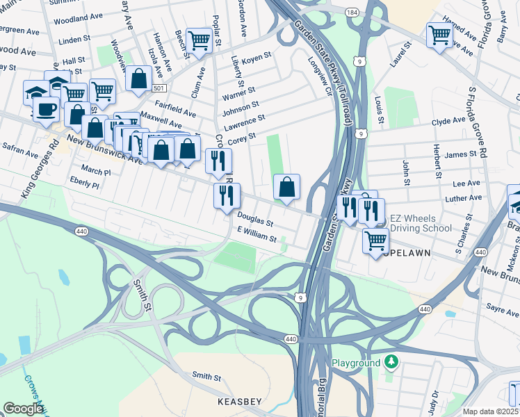map of restaurants, bars, coffee shops, grocery stores, and more near 10 Frazer Street in Woodbridge Township