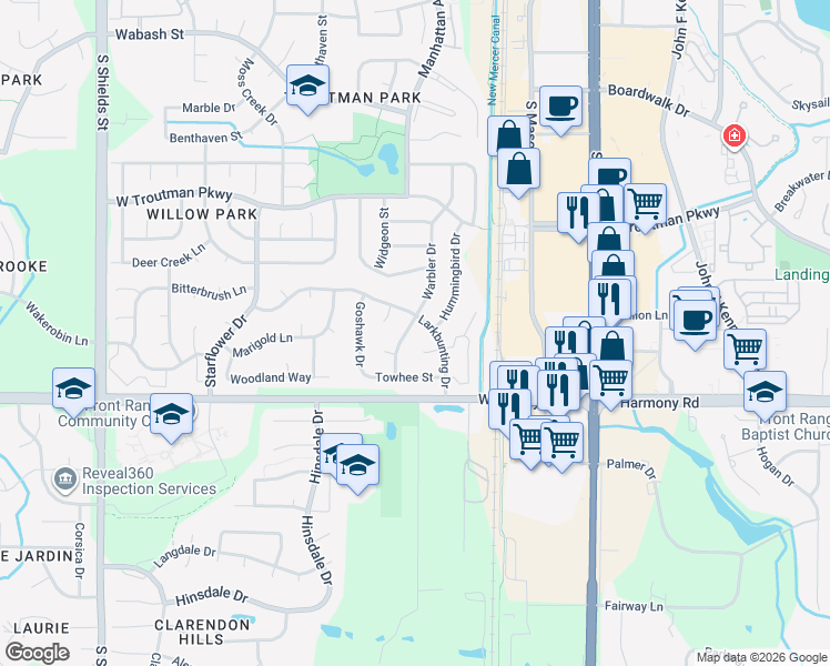 map of restaurants, bars, coffee shops, grocery stores, and more near 4430 Warbler Drive in Fort Collins