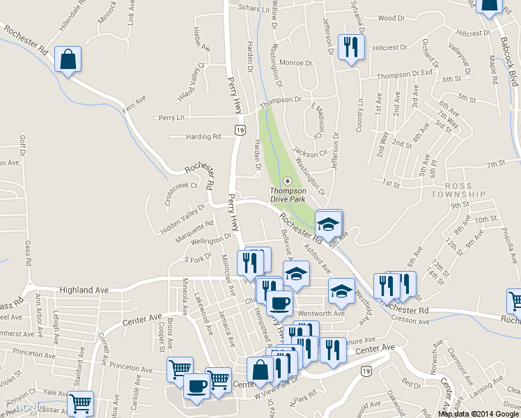 map of restaurants, bars, coffee shops, grocery stores, and more near 20 Rochester Road in Pittsburgh