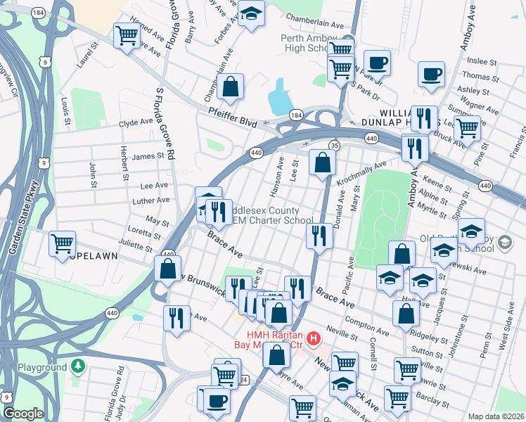 map of restaurants, bars, coffee shops, grocery stores, and more near 689 Hanson Avenue in Perth Amboy