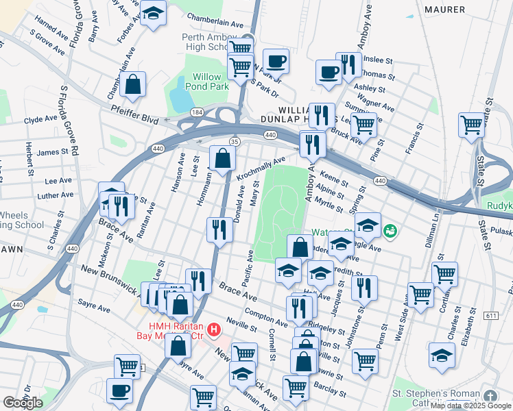 map of restaurants, bars, coffee shops, grocery stores, and more near 724 Mary Street in Perth Amboy