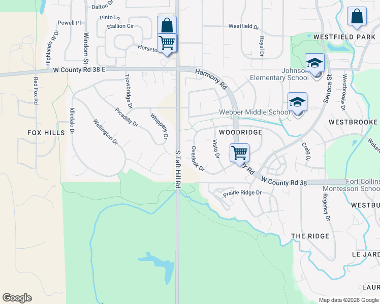 map of restaurants, bars, coffee shops, grocery stores, and more near 2031 Overlook Drive in Fort Collins