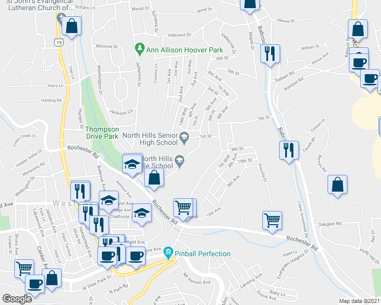 map of restaurants, bars, coffee shops, grocery stores, and more near 5th Avenue in Pittsburgh