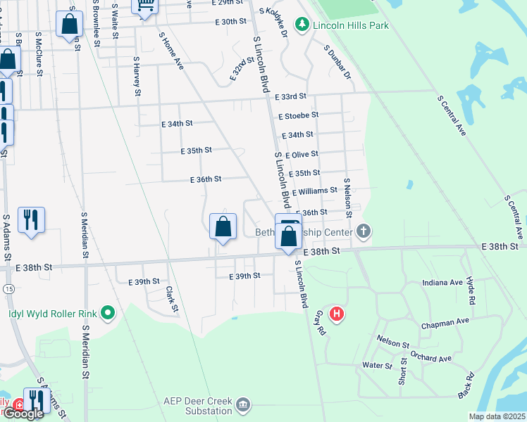 map of restaurants, bars, coffee shops, grocery stores, and more near 3614 South Home Avenue in Marion