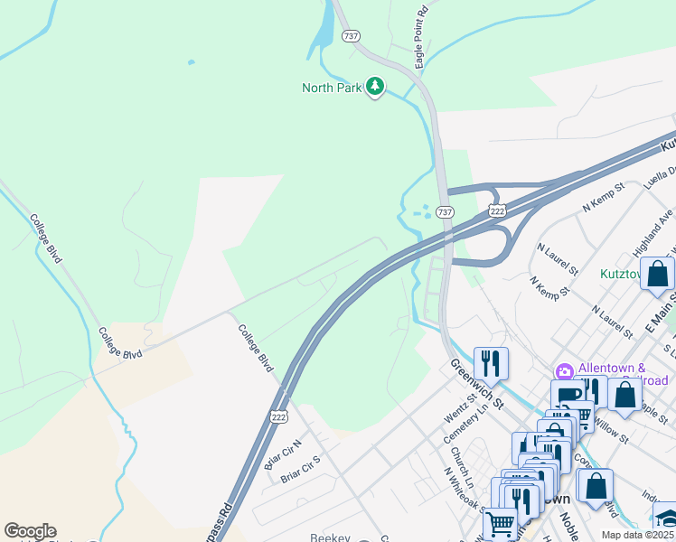 map of restaurants, bars, coffee shops, grocery stores, and more near 2200 Lifestyle Lane in Kutztown