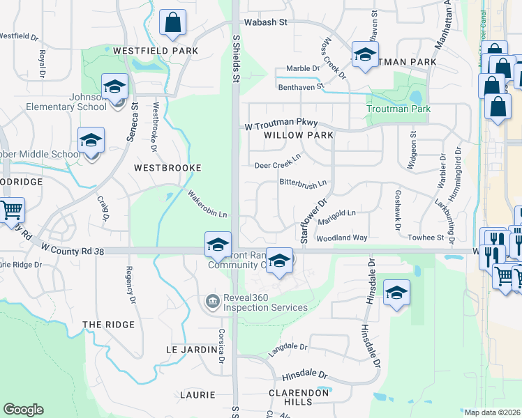 map of restaurants, bars, coffee shops, grocery stores, and more near 1037 Bitterbrush Lane in Fort Collins