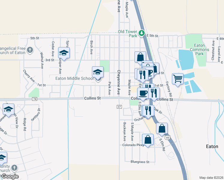 map of restaurants, bars, coffee shops, grocery stores, and more near 23 Park Avenue in Eaton