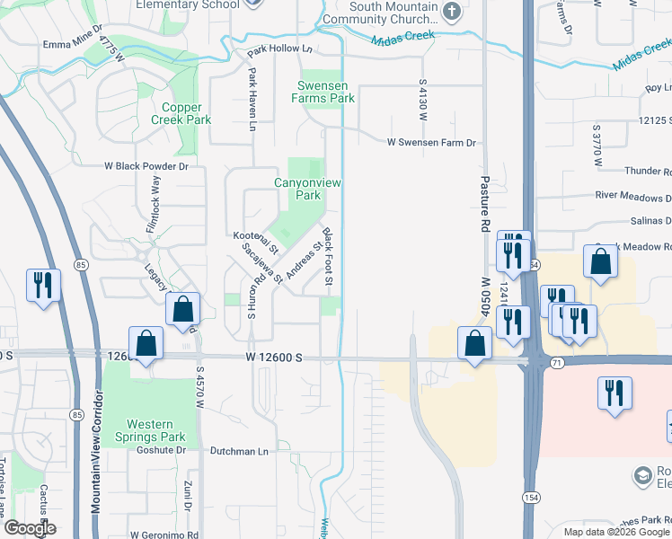 map of restaurants, bars, coffee shops, grocery stores, and more near 12423 Black Foot Street in Riverton